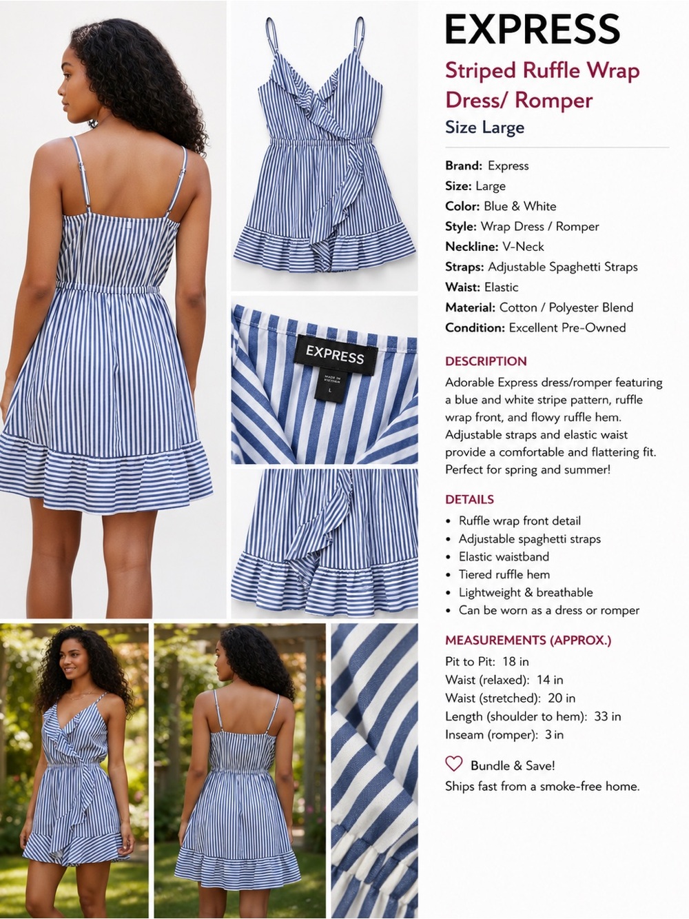 Express Blue & White Striped Ruffle Wrap Dress